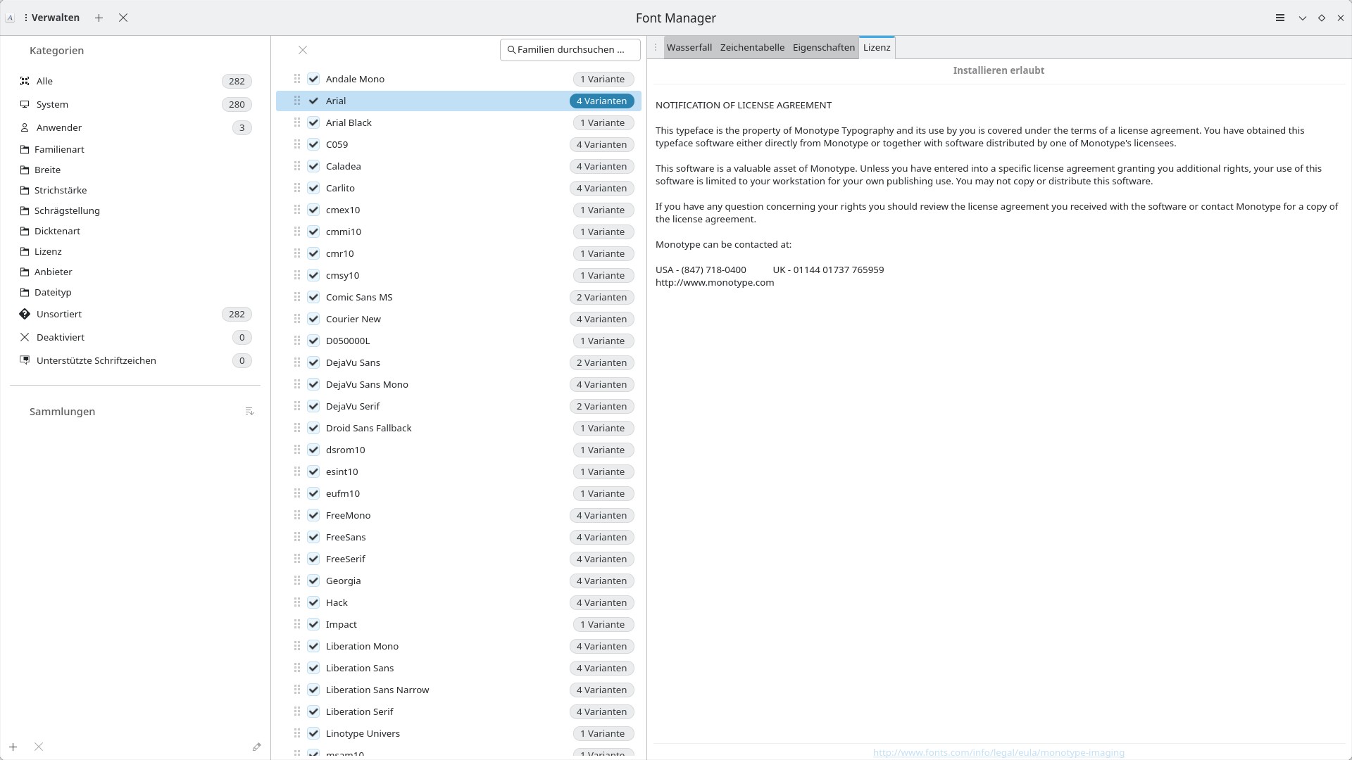 Auch Angaben zur Lizenz werden im Font Manager angeboten.